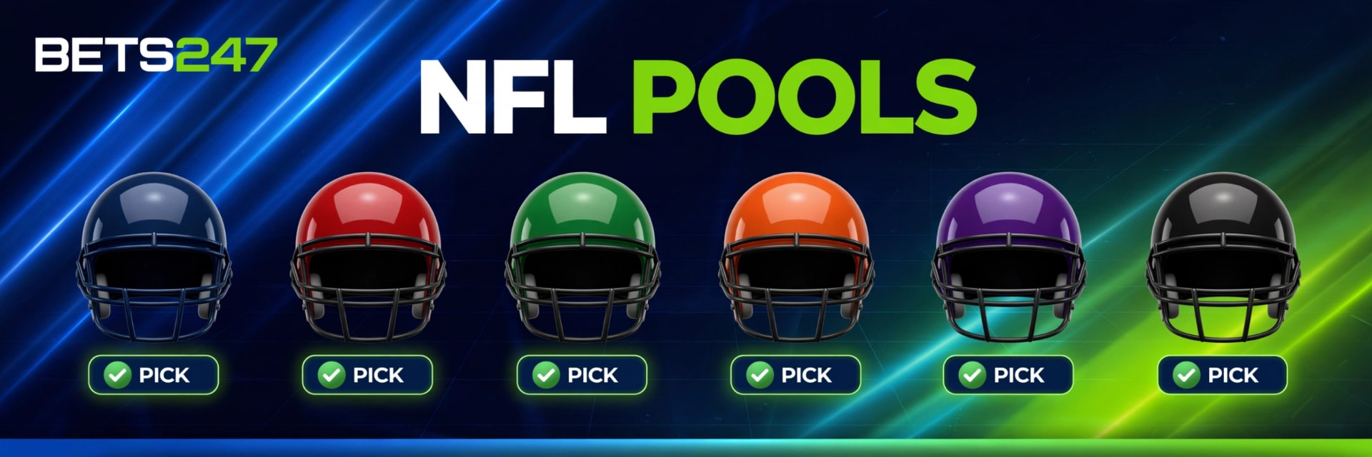 NFL Pools banner with football helmets and pick buttons
